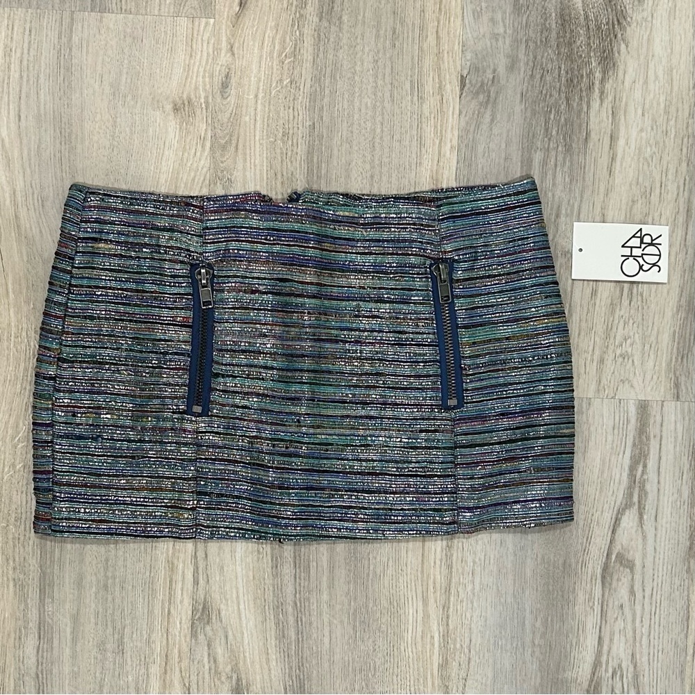 NWT Chaser Woven Silk Mini Skirt Colorful Metallic Stripes Zipper Size M
